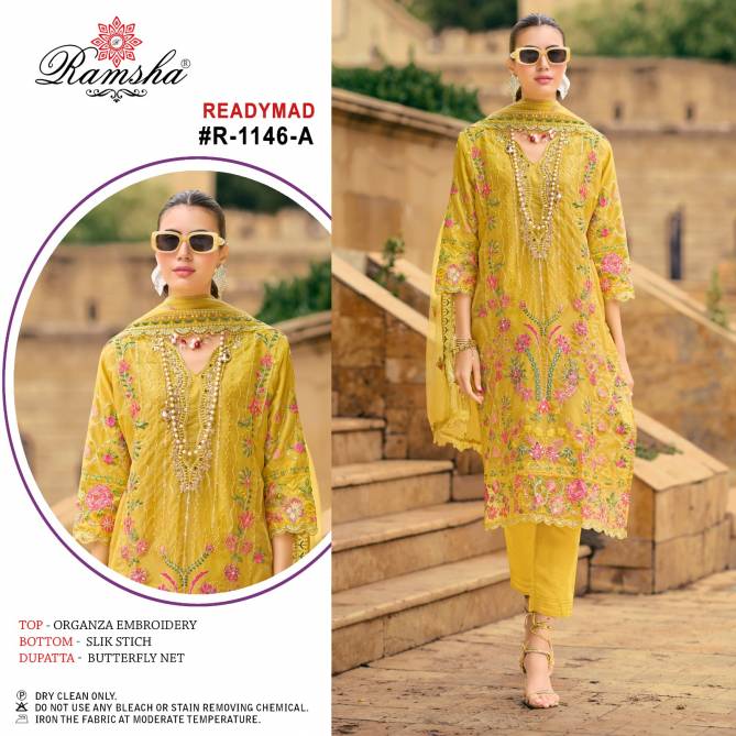 R 1146 By Ramsha Embroidery Organza Pakistani Suits Wholesale Shop In Surat